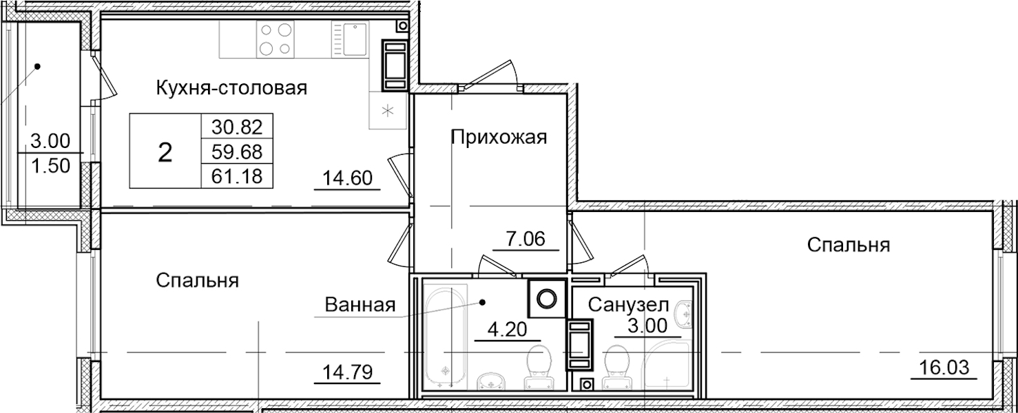 2-комнатная квартира 61.18 м², 2/9 эт., ЖК «Квартал Заречье»